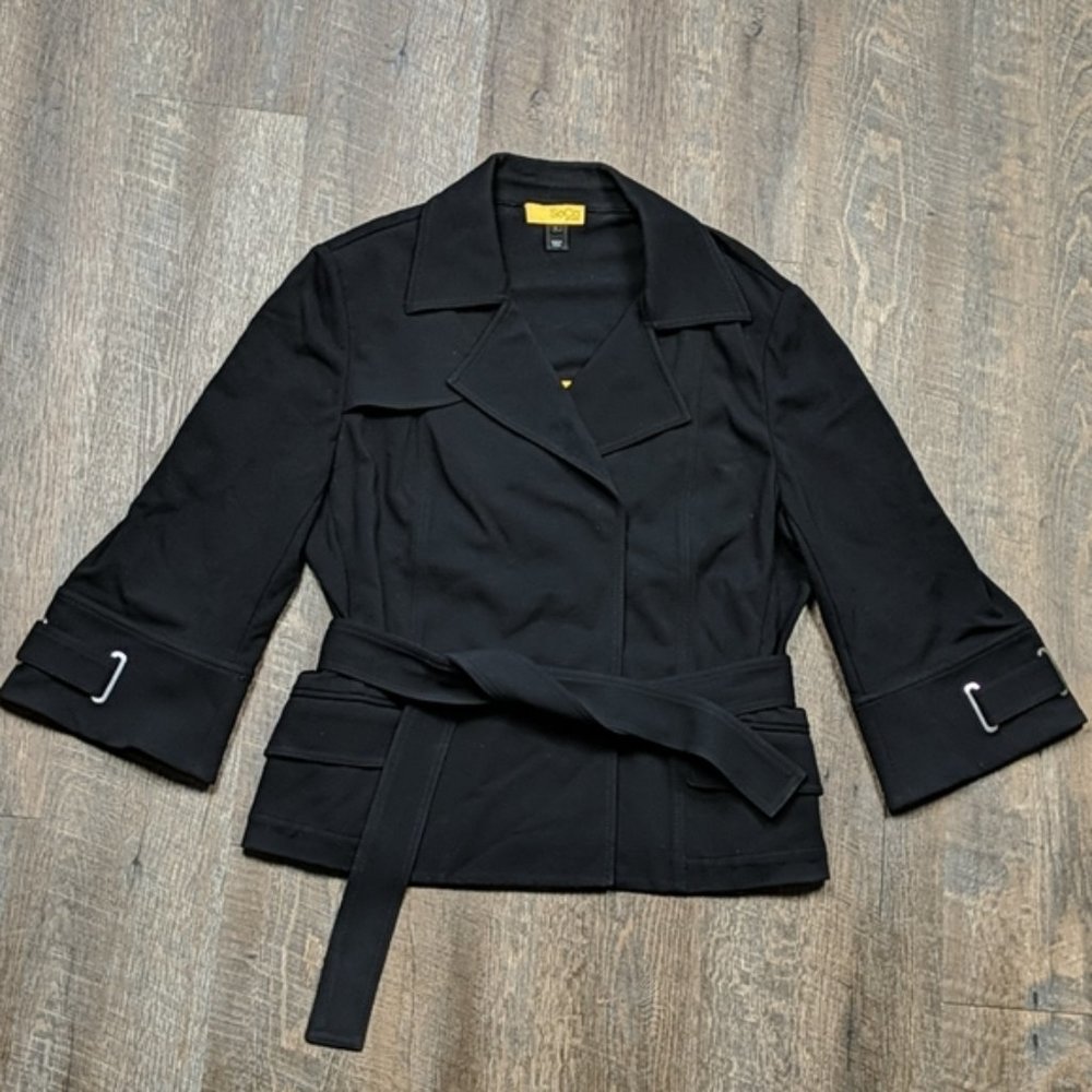SoCa by St. John Black Collared Jacket Snap Front Tie NWOT